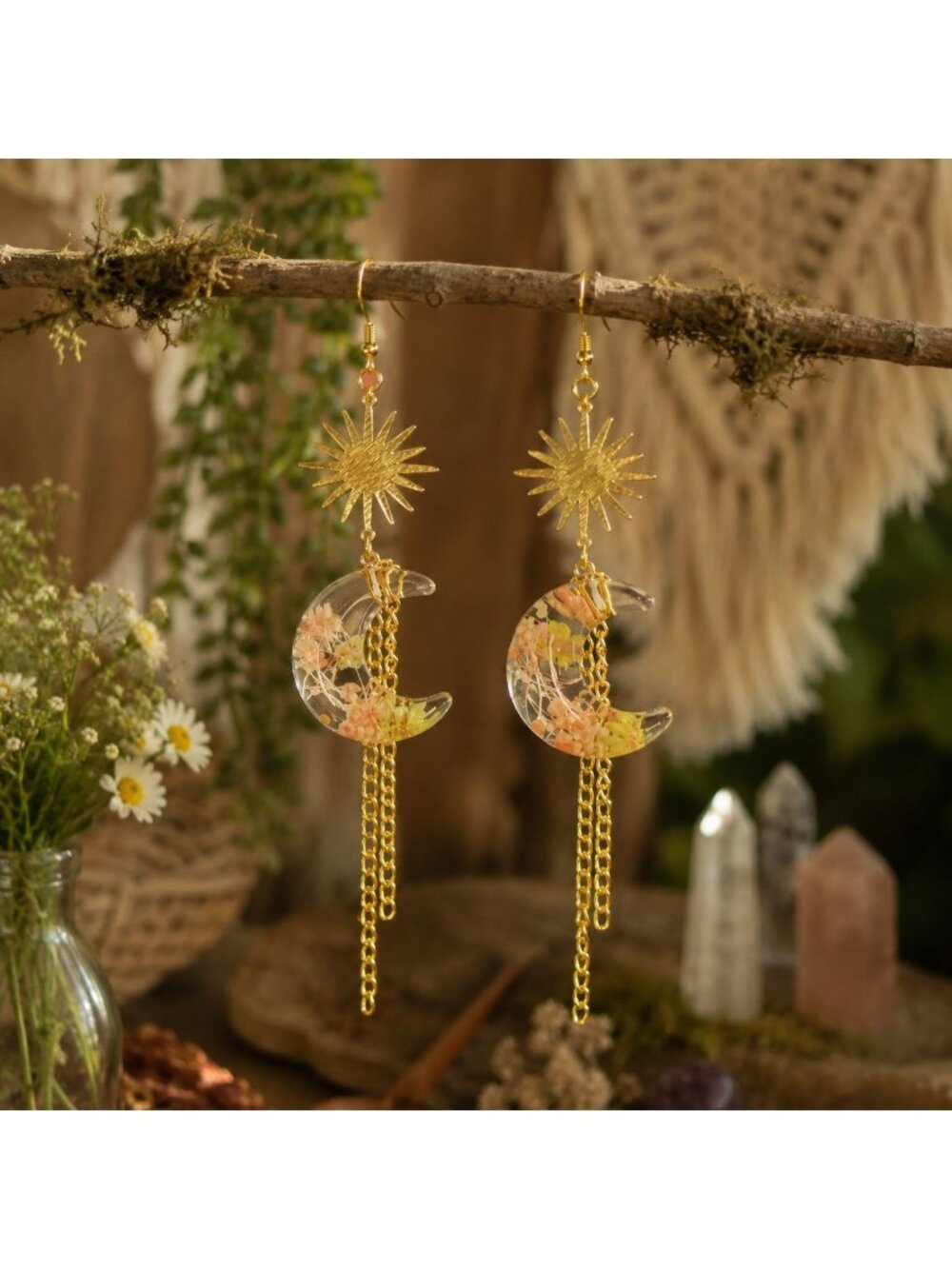 Celestial Moon Pressed Flower Dangle Earrings Boho Sunburst Jewelry Fairycore